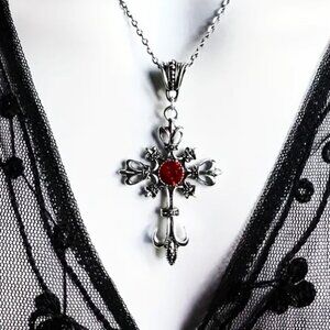 Ornate Cross Pendant Necklace Silver Magic Goth Crystal Fleur de lis Spiritual